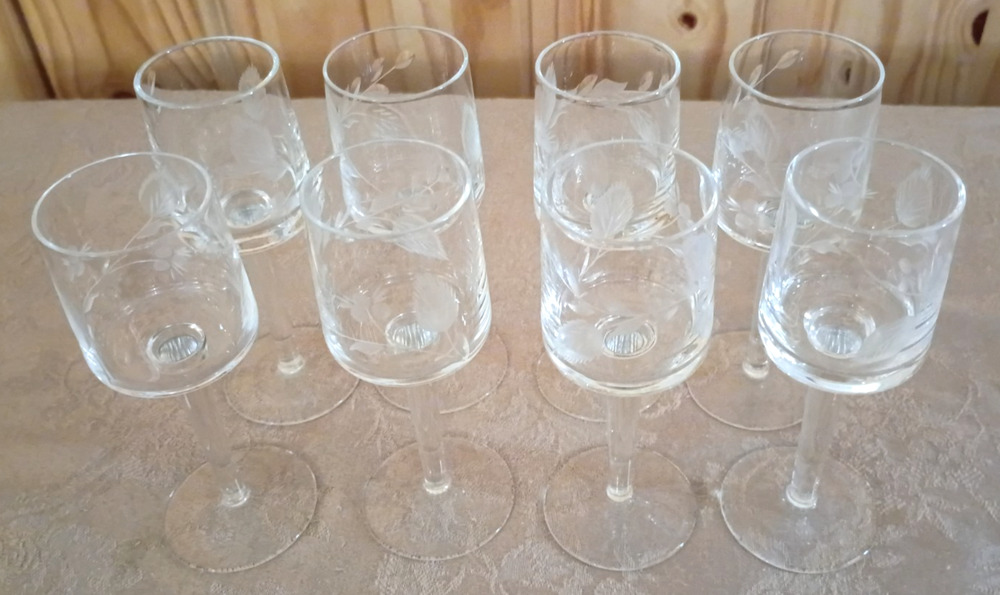 8 VTG Etched Floral Cordial Liqueur Shot Stem Small Glasses 5 1/4" Set Barware